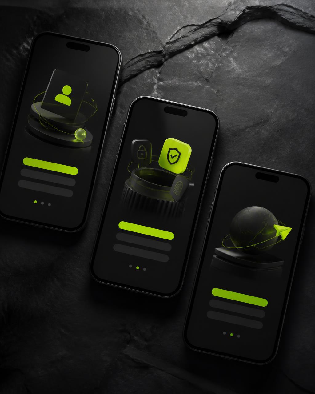 Hale app onboarding screens with lime accents on a dark surface